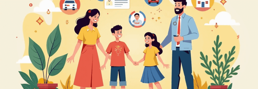 Ilustración de familia recibiendo beneficios de su seguro sin complicaciones