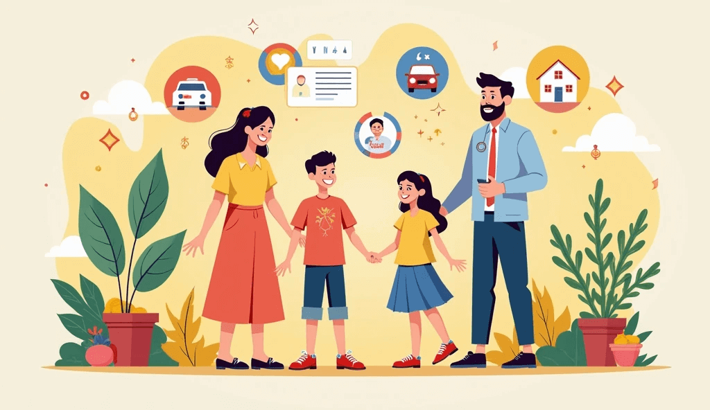 Ilustración de familia recibiendo beneficios de su seguro sin complicaciones