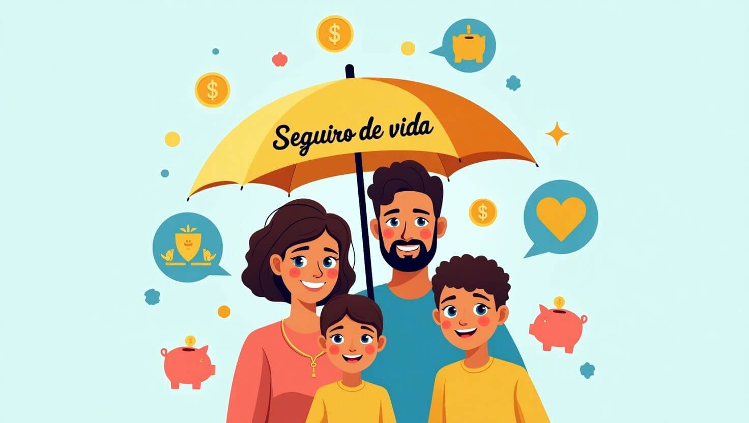 Ilustración de familia protegida bajo un seguro de vida