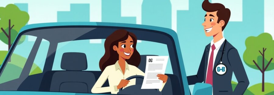 Ilustración de un conductor feliz recibiendo asesoría para contratar un seguro de auto
