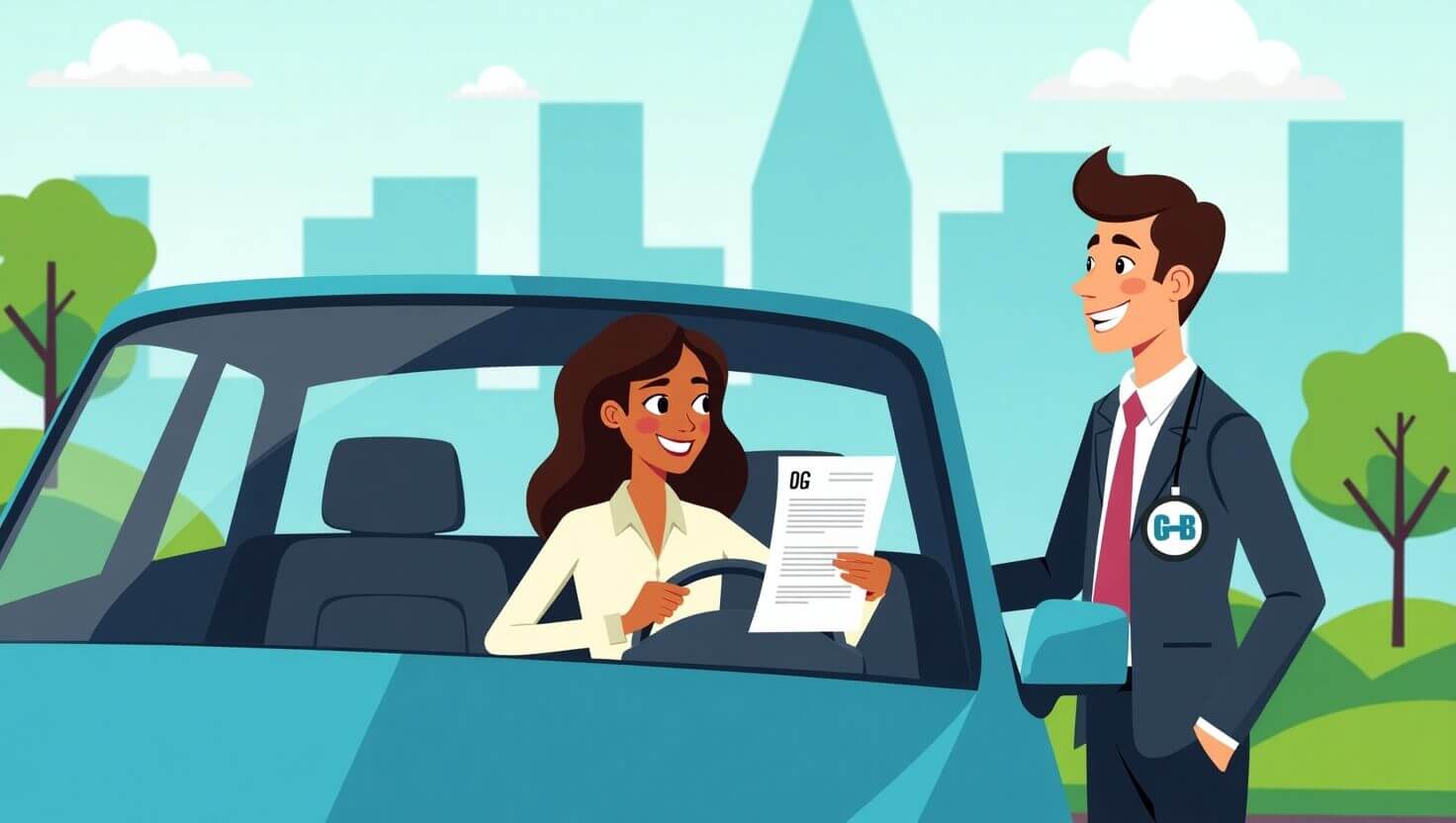 Ilustración de un conductor feliz recibiendo asesoría para contratar un seguro de auto