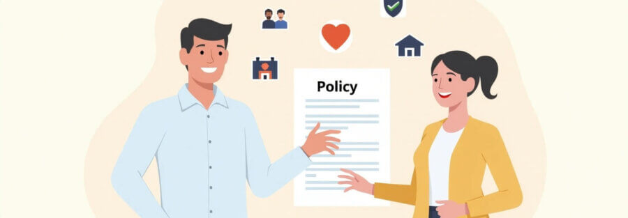 Ilustración de un agente de seguros explicando un documento de póliza a un cliente, representando la diferencia entre seguro y póliza