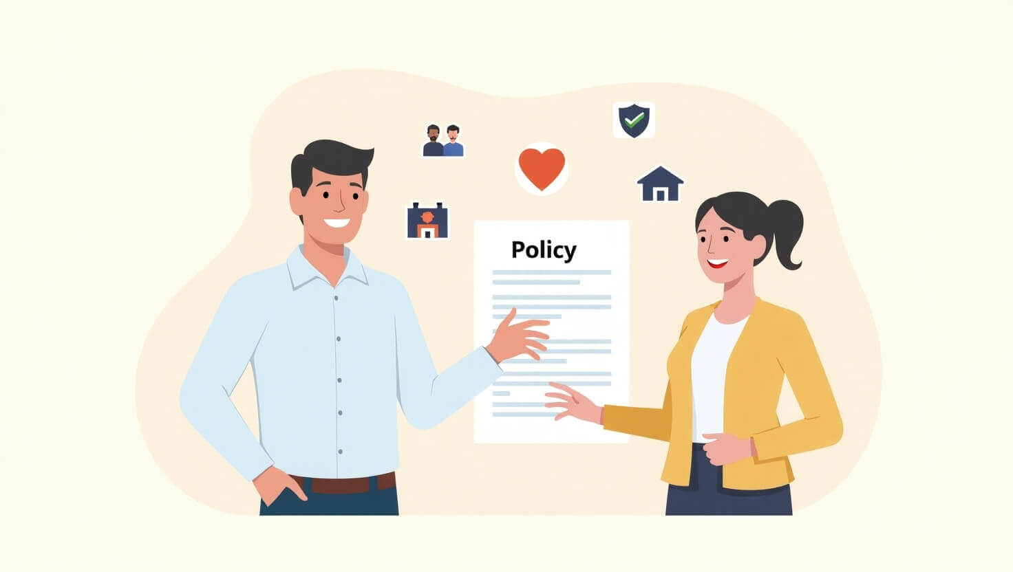 Ilustración de un agente de seguros explicando un documento de póliza a un cliente, representando la diferencia entre seguro y póliza