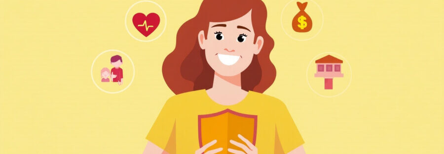 Joven sosteniendo escudo con íconos de protección alrededor, ilustración estilo plano.