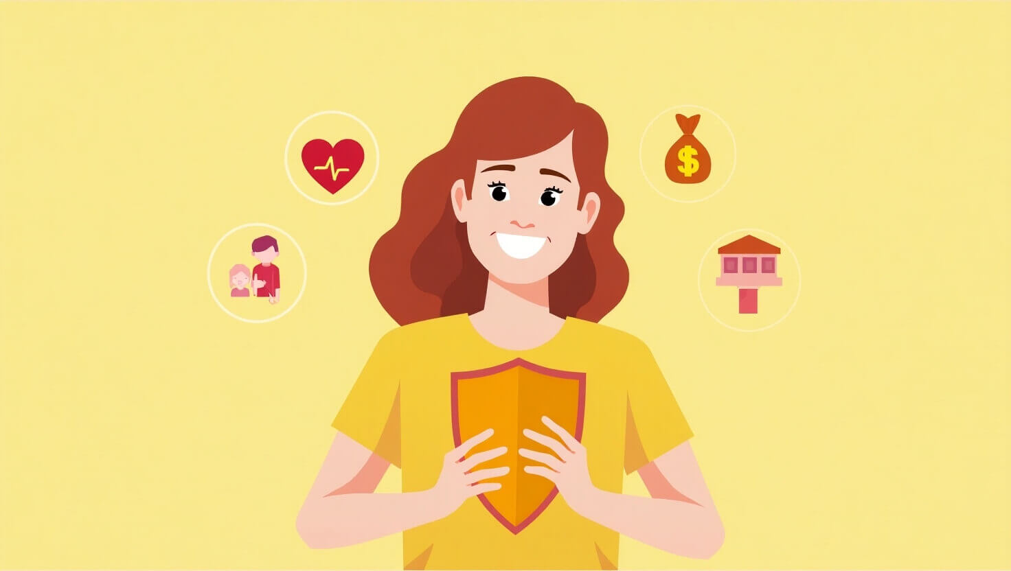 Joven sosteniendo escudo con íconos de protección alrededor, ilustración estilo plano.