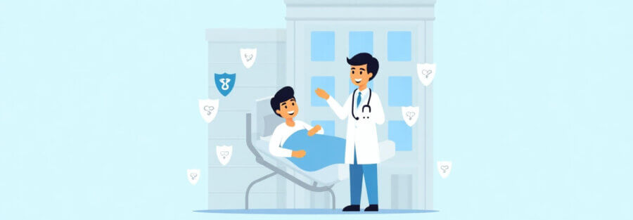 Ilustración mostrando hospital, médico y paciente protegidos con íconos de seguro médico.