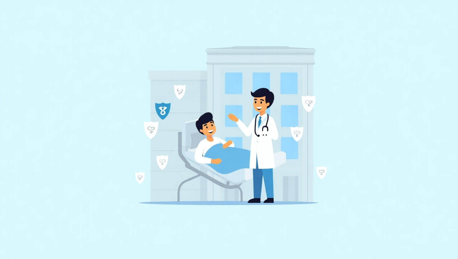 Ilustración mostrando hospital, médico y paciente protegidos con íconos de seguro médico.