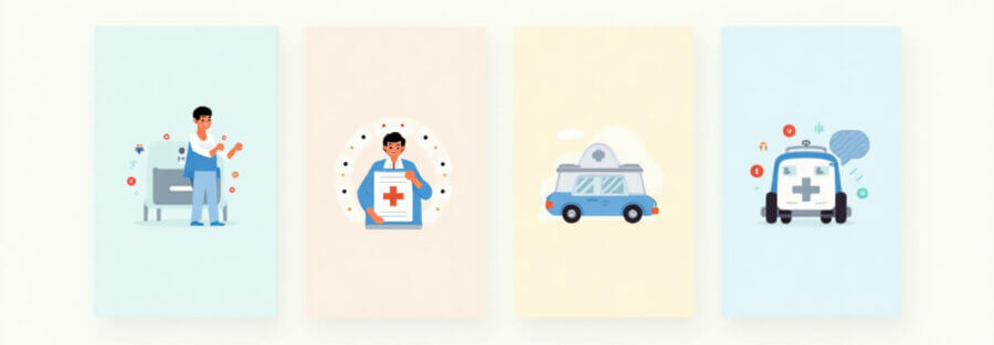 Ilustración con íconos representando seguros personales: vida, salud, auto y accidentes.