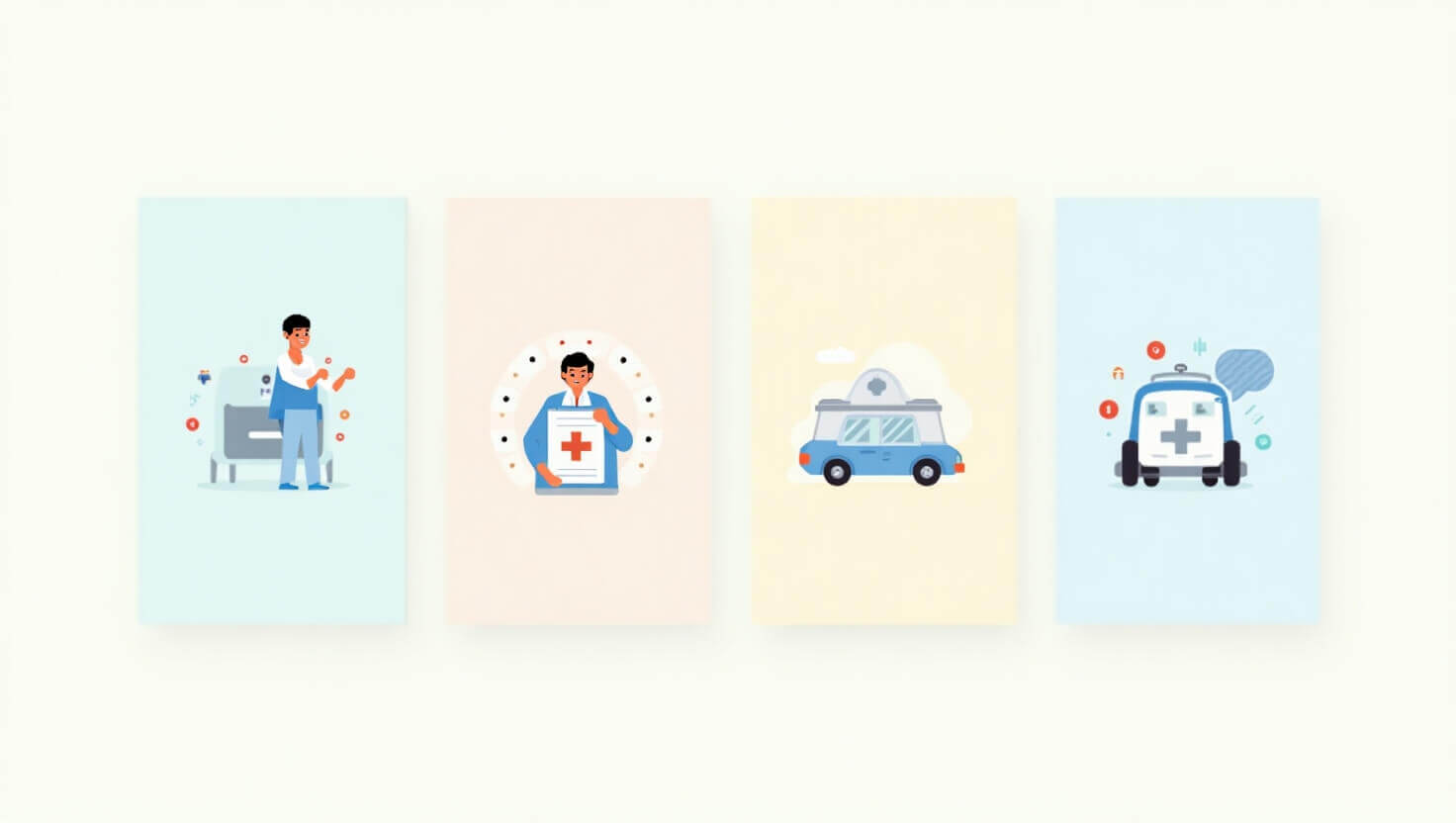 Ilustración con íconos representando seguros personales: vida, salud, auto y accidentes.