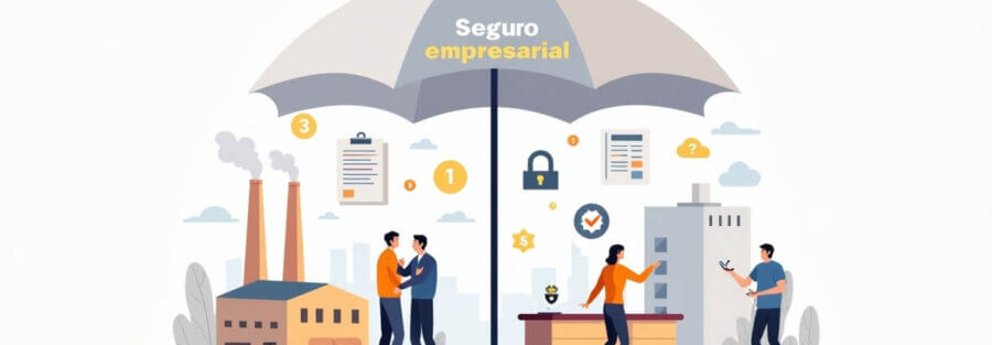 Ilustración de un paraguas con el texto “Seguro empresarial” protegiendo maquinaria, documentos, edificios y personas, representando qué cubre un seguro empresarial en México.