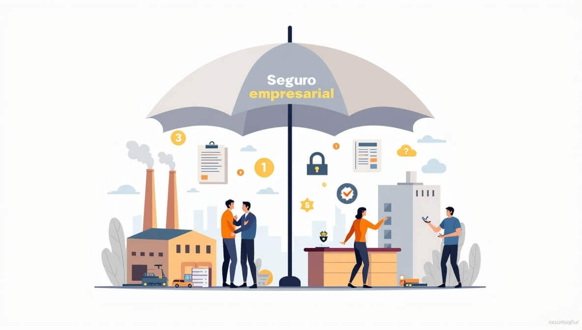 Ilustración de un paraguas con el texto “Seguro empresarial” protegiendo maquinaria, documentos, edificios y personas, representando qué cubre un seguro empresarial en México.