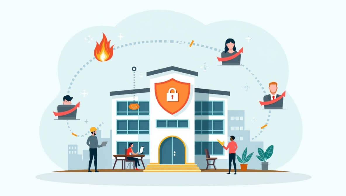 Ilustración de un edificio empresarial protegido con un escudo que bloquea riesgos como incendios y robos, representando un seguro empresarial en México.