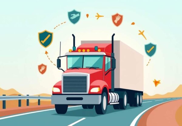 Ilustración de un tractocamión en carretera mexicana protegido con íconos de escudo y GPS, representando un seguro para tractocamiones en México.