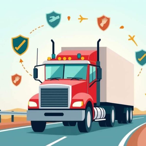 Ilustración de un tractocamión en carretera mexicana protegido con íconos de escudo y GPS, representando un seguro para tractocamiones en México.