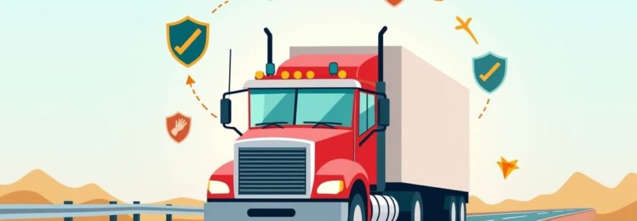 Ilustración de un tractocamión en carretera mexicana protegido con íconos de escudo y GPS, representando un seguro para tractocamiones en México.