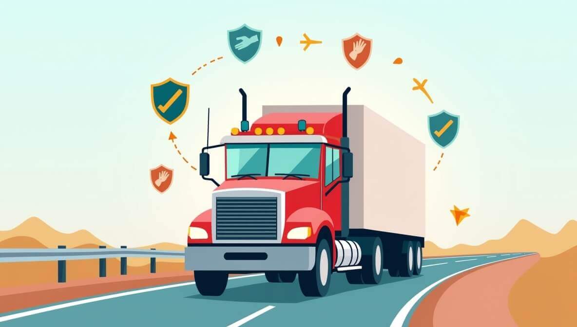 Ilustración de un tractocamión en carretera mexicana protegido con íconos de escudo y GPS, representando un seguro para tractocamiones en México.