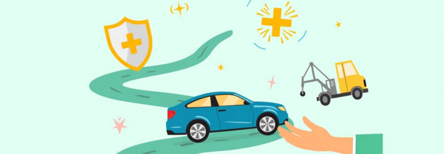 Ilustración de un auto protegido con íconos de cobertura: salud, grúa y escudo.