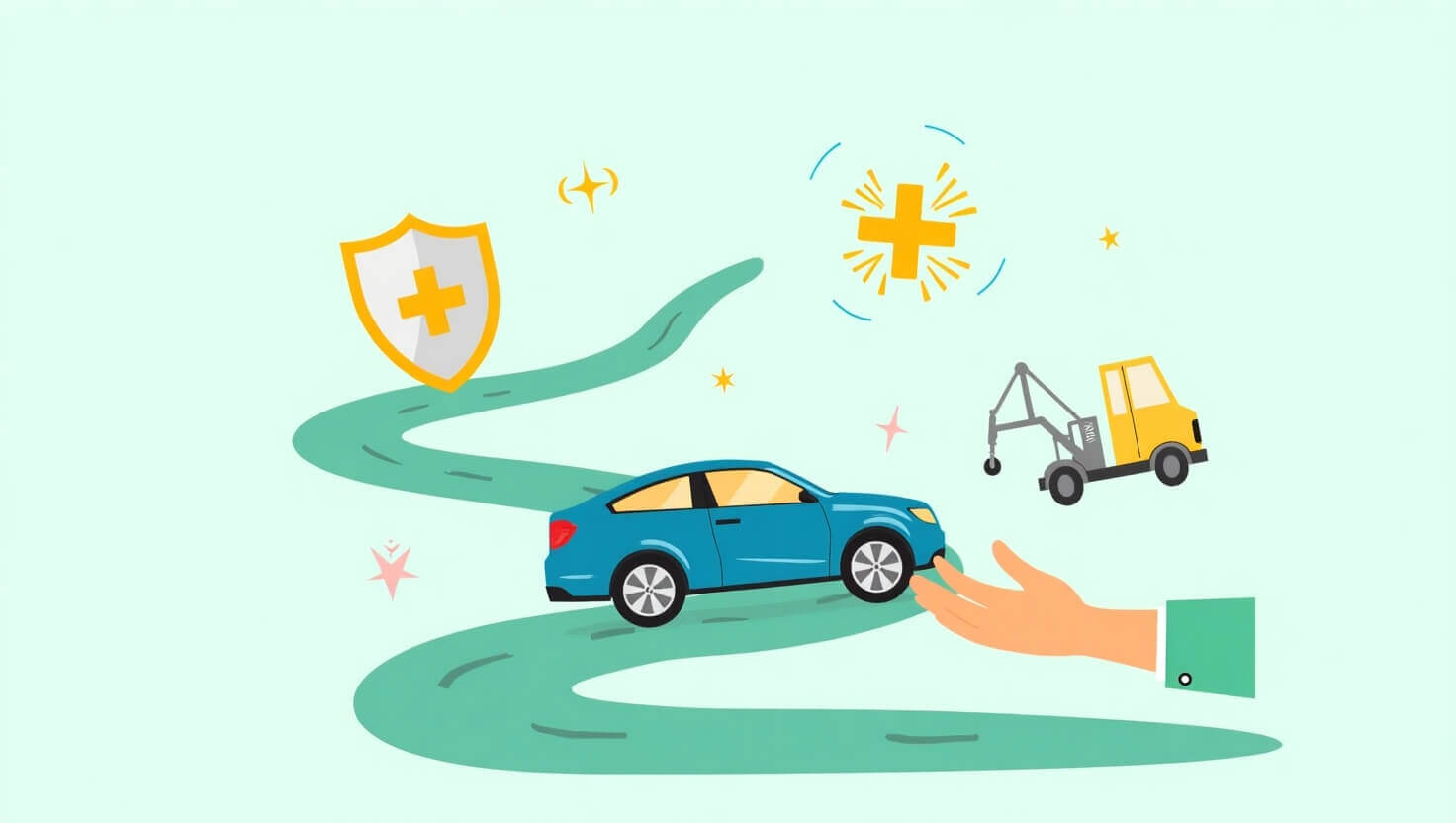 Ilustración de un auto protegido con íconos de cobertura: salud, grúa y escudo.