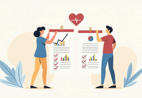 Ilustración digital de pareja mexicana eligiendo el mejor seguro de gastos médicos