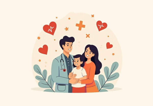 Ilustración de familia mexicana recibiendo atención médica bajo un seguro de gastos médicos
