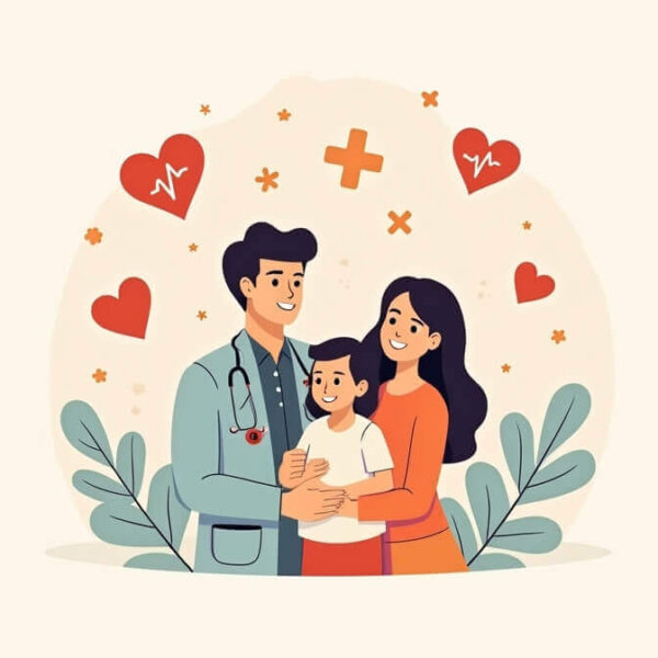 Ilustración de familia mexicana recibiendo atención médica bajo un seguro de gastos médicos