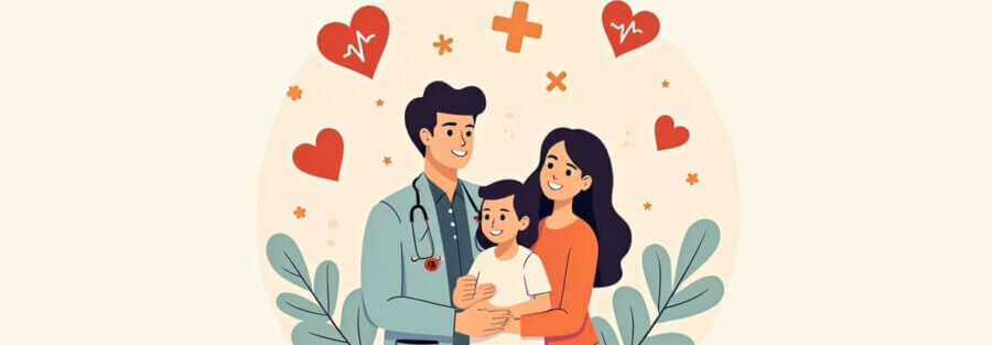 Ilustración de familia mexicana recibiendo atención médica bajo un seguro de gastos médicos