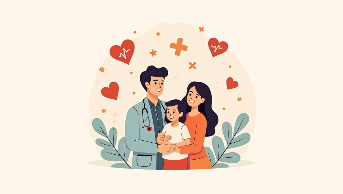 Ilustración de familia mexicana recibiendo atención médica bajo un seguro de gastos médicos