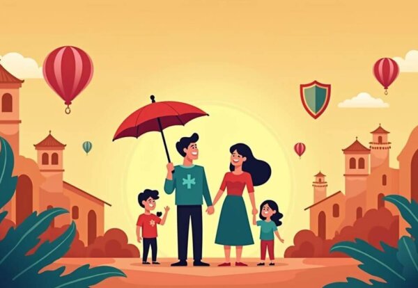 Familia mexicana protegida con símbolos de seguridad que representan la importancia de los seguros en México.