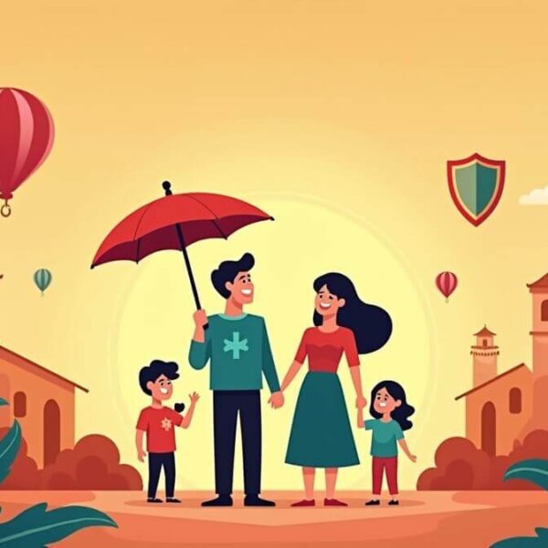 Familia mexicana protegida con símbolos de seguridad que representan la importancia de los seguros en México.