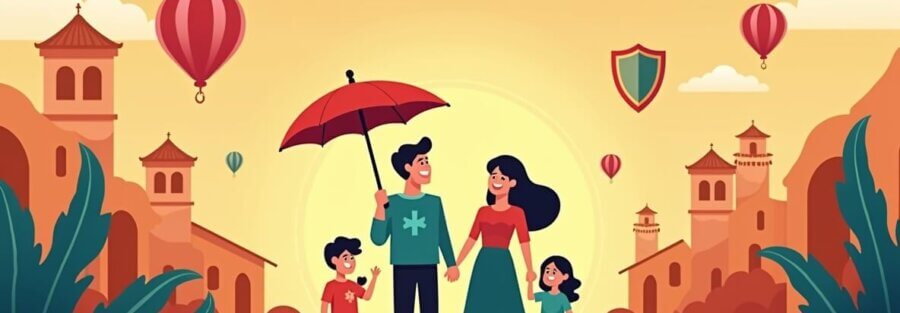 Familia mexicana protegida con símbolos de seguridad que representan la importancia de los seguros en México.