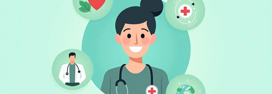 Ilustración digital que muestra los beneficios del seguro de gastos médicos mayores con íconos de salud, bienestar y prevención.