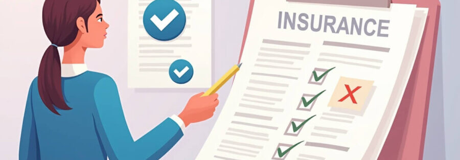 Ilustración digital de una persona revisando un contrato de seguro de gastos médicos mayores con símbolos de advertencia y aciertos.