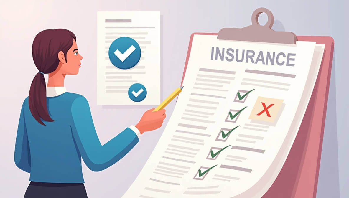 Ilustración digital de una persona revisando un contrato de seguro de gastos médicos mayores con símbolos de advertencia y aciertos.
