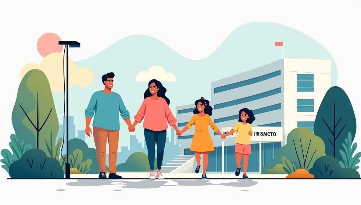 Familia mexicana protegida por un seguro de gastos médicos mayores en México al salir de un hospital.