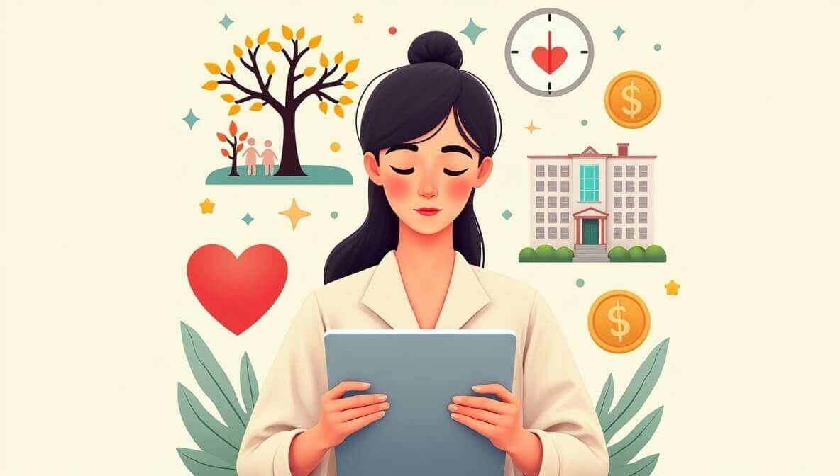 Persona calculando la cobertura ideal de su seguro de vida en México con íconos de familia y estabilidad económica.