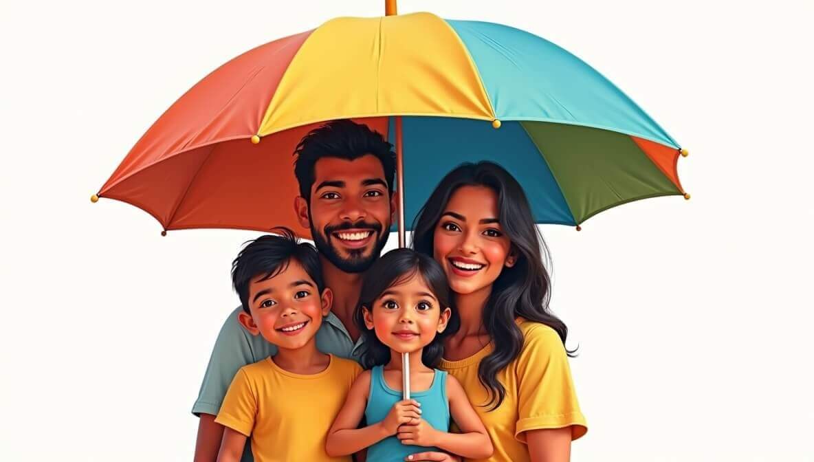 Familia mexicana protegida por un seguro de vida en México bajo un escudo que simboliza seguridad y tranquilidad.