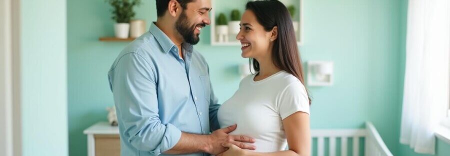 Pareja mexicana embarazada feliz en un cuarto de bebé, planificando la llegada con un seguro gastos médicos maternidad.
