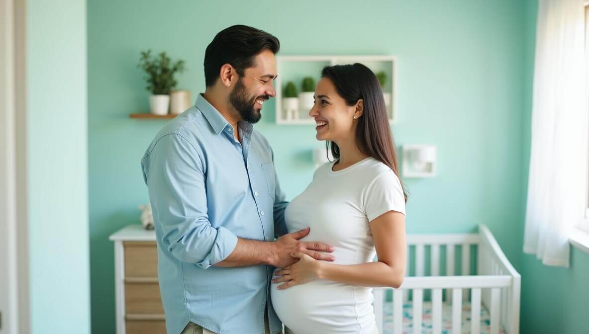 Pareja mexicana embarazada feliz en un cuarto de bebé, planificando la llegada con un seguro gastos médicos maternidad.