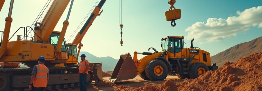 Obreros revisando maquinaria amarilla asegurada en México, simbolizando prevención y protección empresarial.
