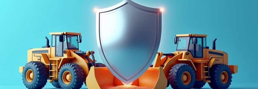 Maquinaria amarilla protegida por un escudo que representa la seguridad de un seguro para maquinaria amarilla en México.
