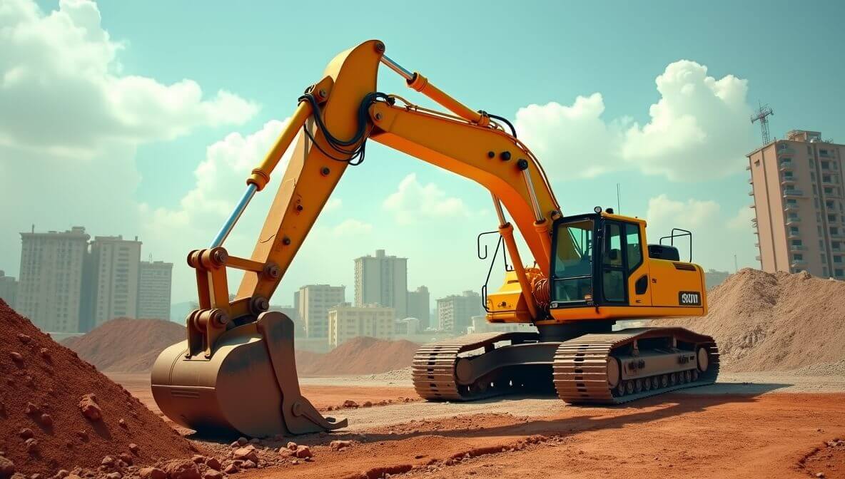 Maquinaria pesada (excavadora) amarilla trabajando en un proyecto de construcción en México, cubierta por un seguro empresarial especializado.