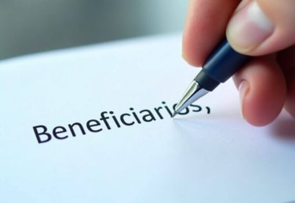 Mano llenando un formulario de beneficiarios de seguro de vida con nombre completo y porcentaje, asegurando la protección