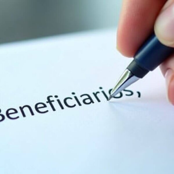 Mano llenando un formulario de beneficiarios de seguro de vida con nombre completo y porcentaje, asegurando la protección