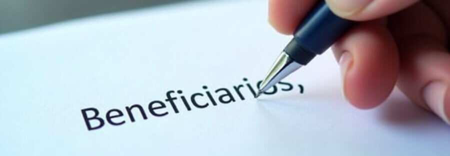 Mano llenando un formulario de beneficiarios de seguro de vida con nombre completo y porcentaje, asegurando la protección