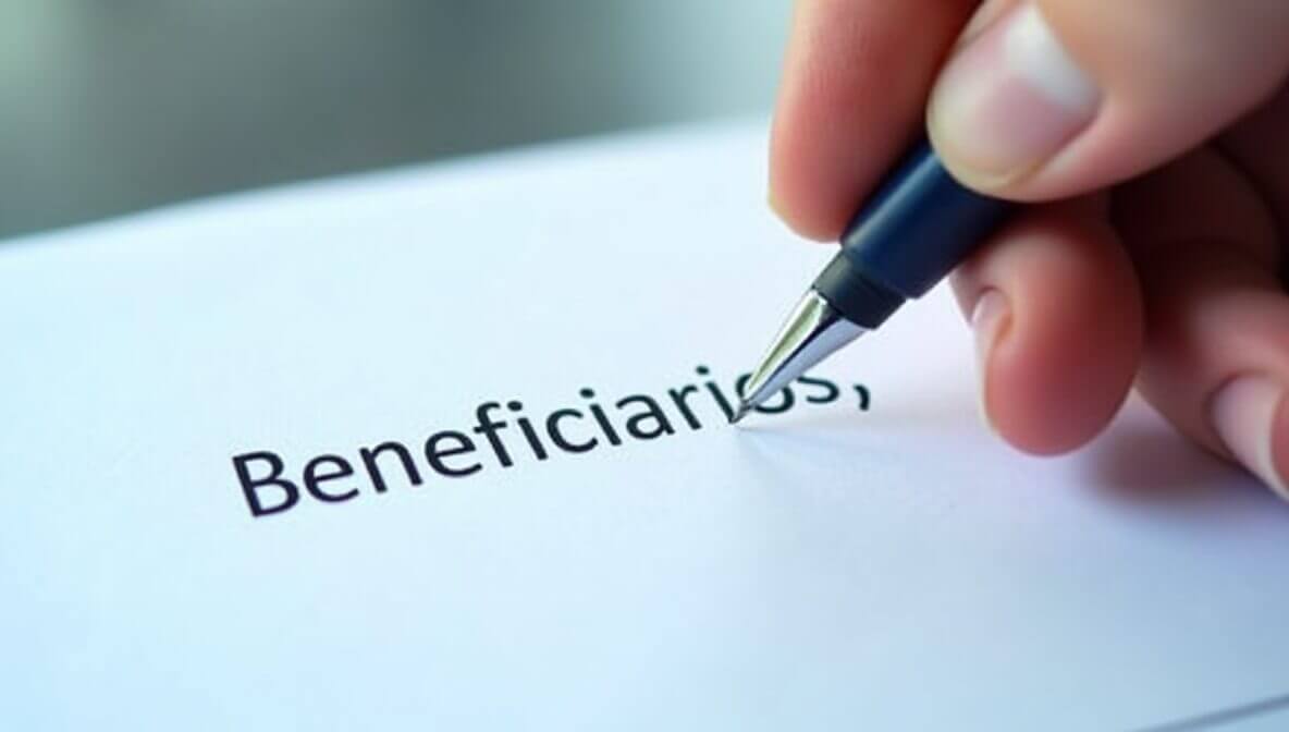 Mano llenando un formulario de beneficiarios de seguro de vida con nombre completo y porcentaje, asegurando la protección