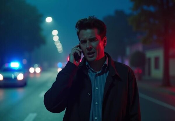 Persona haciendo una llamada de emergencia en su teléfono después de un robo total auto asegurado, con un auto robado en un fondo borroso.