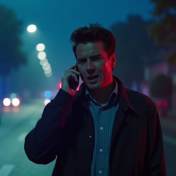 Persona haciendo una llamada de emergencia en su teléfono después de un robo total auto asegurado, con un auto robado en un fondo borroso.