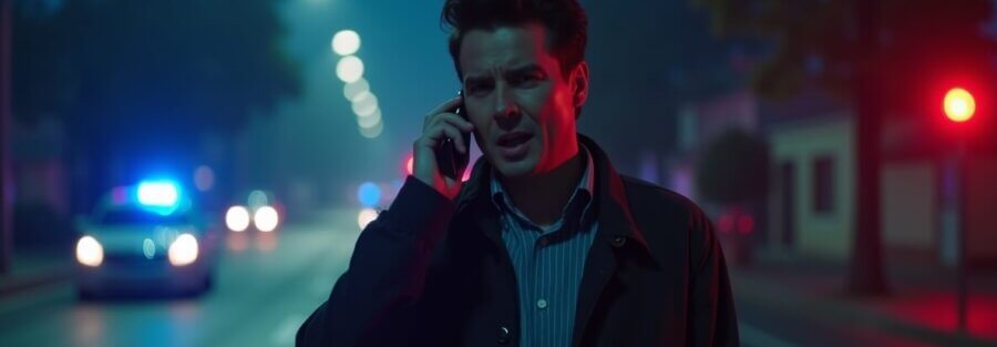 Persona haciendo una llamada de emergencia en su teléfono después de un robo total auto asegurado, con un auto robado en un fondo borroso.