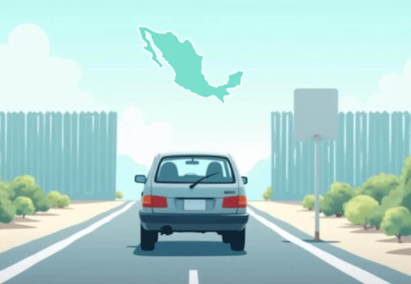 Vehículo legalizado cruzando una frontera en México con un mapa de fondo, asegurado con el seguro auto fronterizo mexico.
