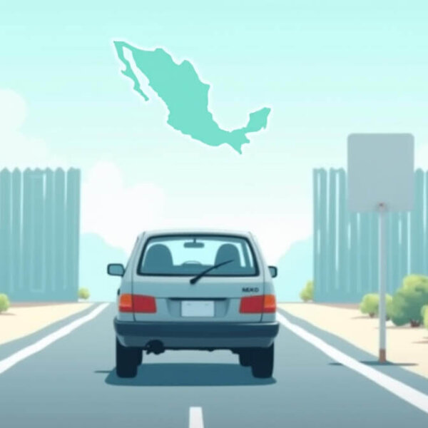 Vehículo legalizado cruzando una frontera en México con un mapa de fondo, asegurado con el seguro auto fronterizo mexico.